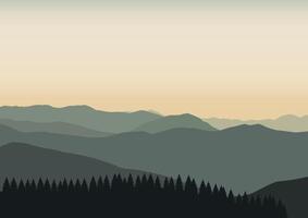 panoramic view of mountains and pine forests. Illustrated in a flat style. vector