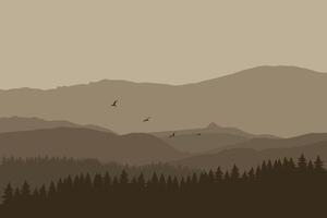 panorámico ver de montañas y pino bosques ilustrado en un plano estilo. vector