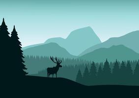 Deer in pine forests and mountains. Illustration in a flat style. vector