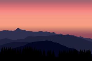 panoramic view of mountains and pine forests. Illustrated in a flat style. vector