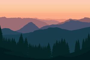 panoramic view of mountains and pine forests. Illustrated in a flat style. vector