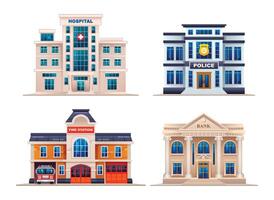 Set of city buildings illustration. Hospital, police station, fire station and bank vector