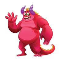Cheerful red monster waving hand. Character cartoon illustration vector