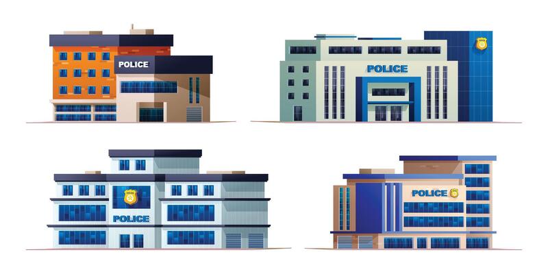 Set of police station buildings. Cartoon illustration isolated on white background