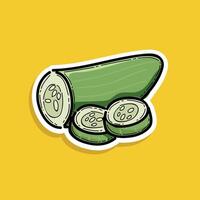 Green cut cucumber. Image of a ripe sliced green cucumber. Green vegetarian product. illustration design isolated on a yellow background. Sticker style vector