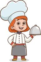 illustration of child cooks. Cartoon mascots in various dynamic poses. People boy and girl chef in white hats, illustration vector