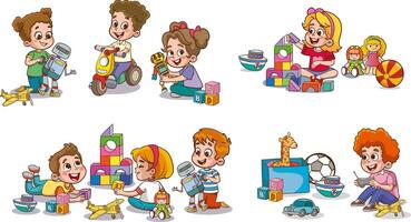 Set collection of cute baby kids characters playing with toys doing activities in different poses. Children jump, move, have fun in a good mood, play, hang out with different emotions. vector