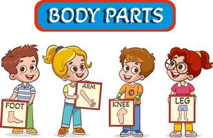 little kids holding cards about 5 senses.little children showing parts of the body vector