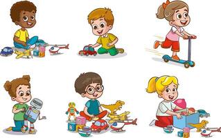 Set collection of cute baby kids characters playing with toys doing activities in different poses. Children jump, move, have fun in a good mood, play, hang out with different emotions. vector