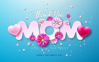 Happy Mother's Day Postcard with Pink Paper Hearts and Thank You Mom Text Label on Blue Background. Celebration Design with Symbol of Love for Greeting Card, Banner, Flyer, Invitation, Brochure vector