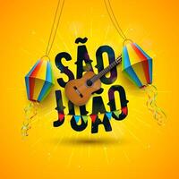 festa junina ilustración con acústico guitarra, fiesta banderas y papel linterna en amarillo antecedentes. Brasil junio sao joao festival diseño para saludo tarjeta, invitación o fiesta póster vector