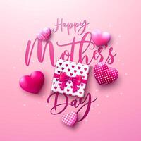 Happy Mother's Day Greeting Card Design with Hearts and Gift Box on Pink Background. Mothers Day Illustration with Typography Lettering for Banner, Postcard, Flyer, Invitation, Brochure, Poster vector