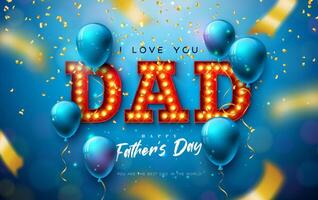 Happy Father's Day Greeting Card Design with Gold Falling Confetti, Balloon and Light Bulb Billboard Lettering on Blue Background. Celebration Illustration for Best Dad. Template for Banner vector