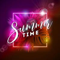 Summer Holiday Design with Glowing Neon Light on Dark Background. Illustration with Typography Lettering and Palm Leaf for Banner, Flyer, Invitation, Brochure, Poster or Greeting Card. vector