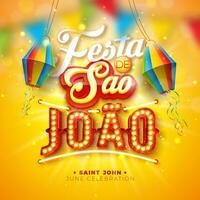 Festa Junina Illustration with Paper Lantern and 3d Sao Joao Lettering and Light Bulb Billboard on Yellow Background. Brazil June Festival Design for Greeting Card, Banner or Holiday Poster vector