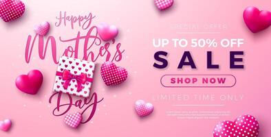 Mother's Day Sale Banner Design with Hearts and Gift Box on Pink Background. Seasonal Discount Offer Illustration with Typography Lettering for Voucher, Online Ads, Flyer, Invitation, Brochure vector