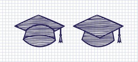 Set of creative motarboards. Handdrawn sketch design. Notebook in cells texture. Isolated graduating hats. High school graduation graphic element. Abstract concept. Pen drawing style. Academic hats. vector