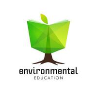 ambiental educacion logo concepto. creativo verde libro. árbol icono. aislado elementos. educativo signo. verde energía exploración símbolo. manchado vaso abierto cuaderno. web bandera diseño. vector