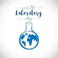 nternational Lab Day congratulating banner. World Laboratory Day greeting card concept. Earth globe in medical flask. Scientific creative logotype idea. vector