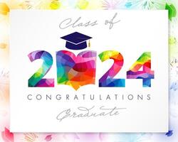 Cute greeting card for class of 2024 graduates. Congratulations graduate school banner. Creative coloured number 2024 with open book icon. Isolated elements. Holiday background. Colorful picture frame vector