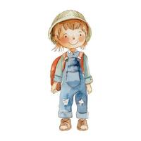 Watercolor boy. Watercolor pupil stands tall. Cute baby vector