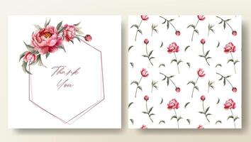 Set of greeting card and seamless pattern with watercolor peonies, wedding invitation. Peony frame. vector