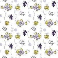 Cute simple pattern with sea doodle elements. Seamless background monochrome fish and seashells. vector