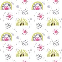 Cute simple pattern with nursery doodle elements. Seamless background with rainbow and sun. vector