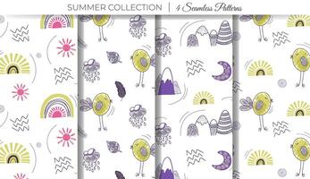 Cute simple childish patterns. Set of summer doodle backgrounds with mountains, rainbow, bird and sun. vector