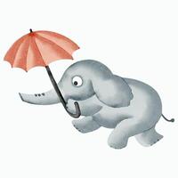 Watercolor elephant with umbrella. Hand drawn baby animals. Watercolor illustration of cute elephant vector