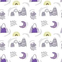 Cute simple pattern with nursery doodle elements. Seamless background with mountains and moon. vector