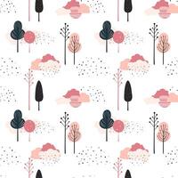 Cute trees seamless pattern. Scandinavian trees and clouds wallpaper. Childish fantasy background. vector