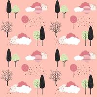 Cute fantasy seamless pattern. Scandinavian trees and clouds wallpaper. Childish background. vector