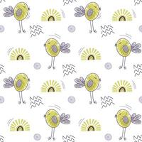 Cute simple background with nursery doodle elements. Seamless pattern with birds clouds and sun. vector