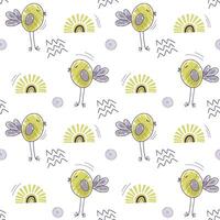 Cute simple background with nursery doodle elements. Seamless pattern with birds clouds and sun. vector