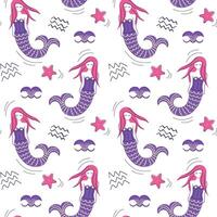 Cute simple pattern with sea doodle elements. Seamless background with sketch mermaid. vector