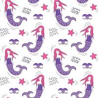 Cute simple pattern with sea doodle elements. Seamless background with sketch mermaid. vector