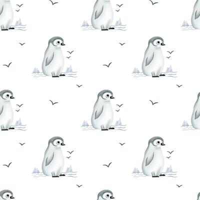 Seamless pattern with watercolor penguin. Cute childish wallpaper. Polar animals background