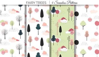 Set of cute fantasy seamless patterns. Spring trees pattern. Childish comic backgrounds. vector