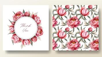 Set of greeting card and seamless pattern with watercolor peonies, wedding invitation. Peony frame vector