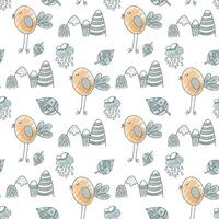 Cute simple pattern with doodle elements. Childish background with monochrome birds and mountains. vector
