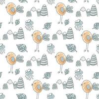 Cute simple pattern with doodle elements. Childish background with monochrome birds and mountains. vector