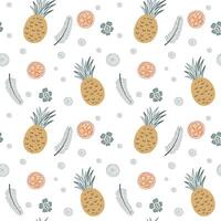 Seamless background with pineapple and orange. Cute simple pattern with tropical doodle fruits. vector