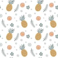 Seamless background with pineapple and orange. Cute simple pattern with tropical doodle fruits. vector