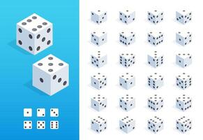 Isometric dice. 3D random roll of casino game elements, gambling and risk concept, poker and craps board game asset. isolated set vector