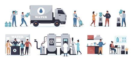 agua entrega servicio. dibujos animados hombre con el plastico botella, camioneta y camión con barriles, agua distribución y transporte concepto. conjunto vector