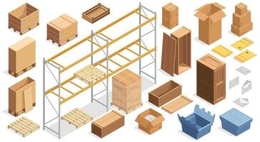 Isometric shipping packages. Closed cardboard carton boxes, open corrugated wooden crates, delivery cargo containers. isolated set vector