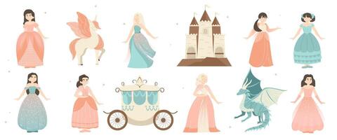 Cute fairy princess. Cartoon little girls in princess dress with medieval castle and dragon, fantasy characters with different emotions. isolated set vector