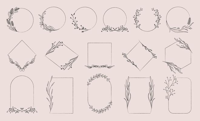 Elegant botanical frames. Minimalist floral wreath with leaves and flowers, decorative floral borders for wedding invitation. set