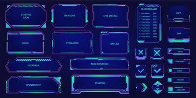 Game stream hud overlay. Futuristic cyber broadcast layout elements, digital streaming panel with webcam frame and chat bar. UI set vector